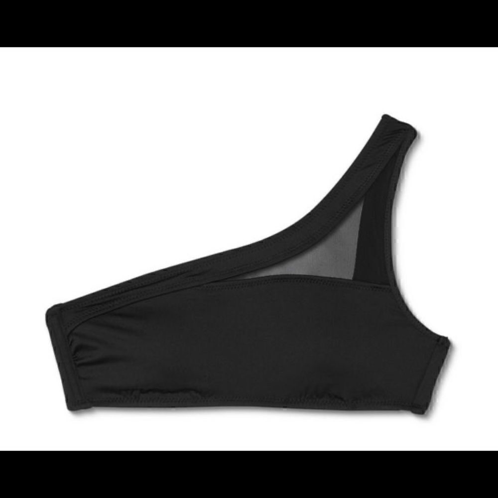 Shade & Shore brand black one shoulder bikini top with mesh details. NWT